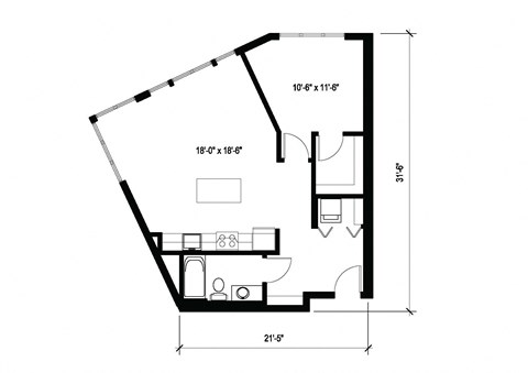 Floor plan for 1 bed, 1 bath, 768 sqft